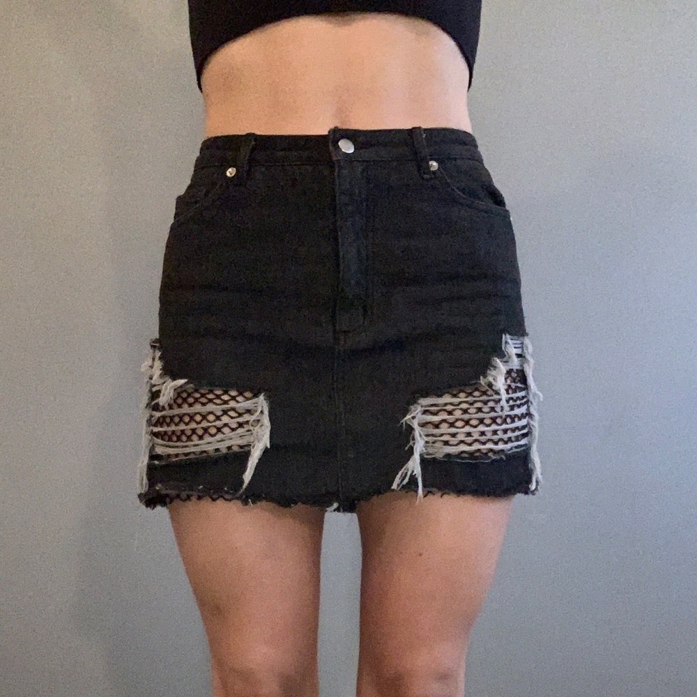 Black denim ripped skirt